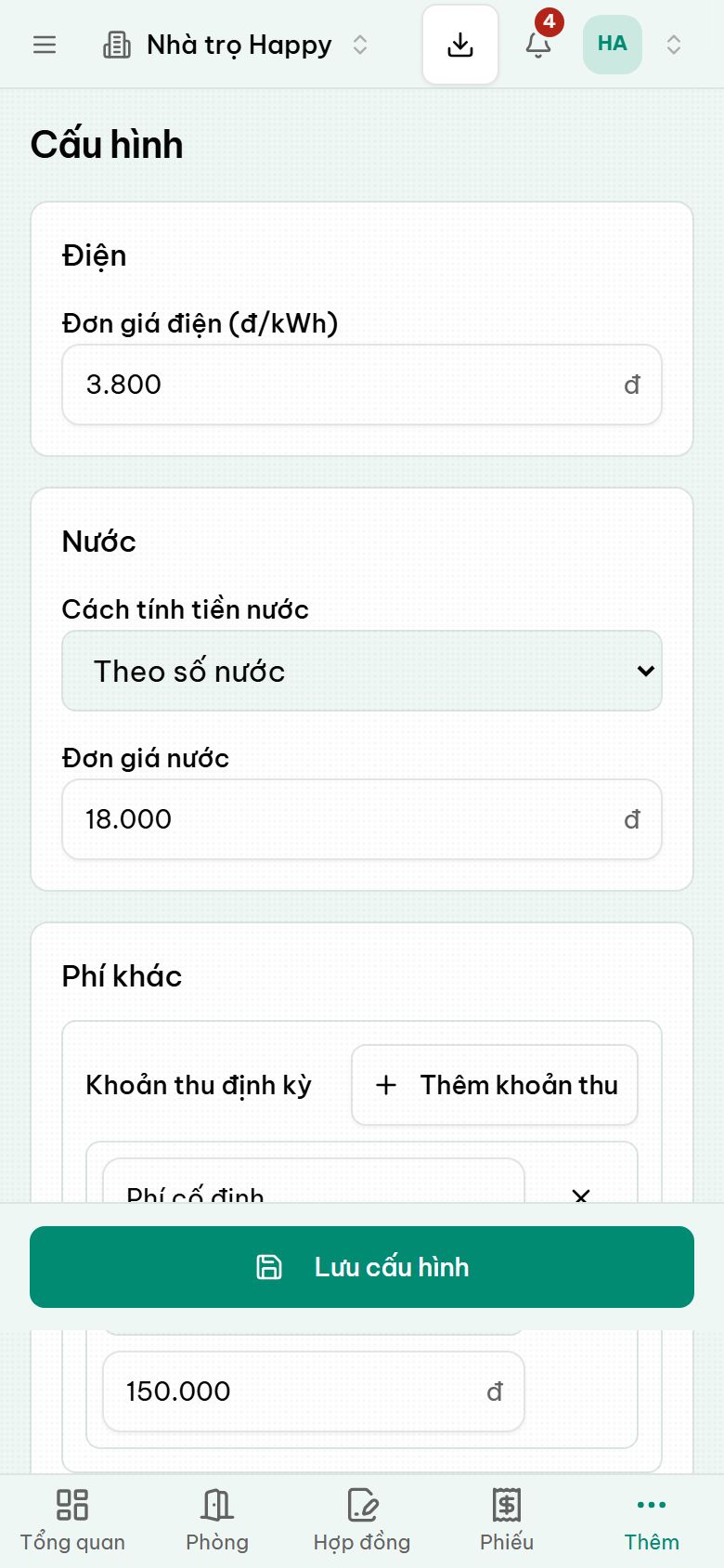 Màn hình cấu hình đơn giá điện, cách tính nước và các khoản thu cố định, bản trên điện thoại