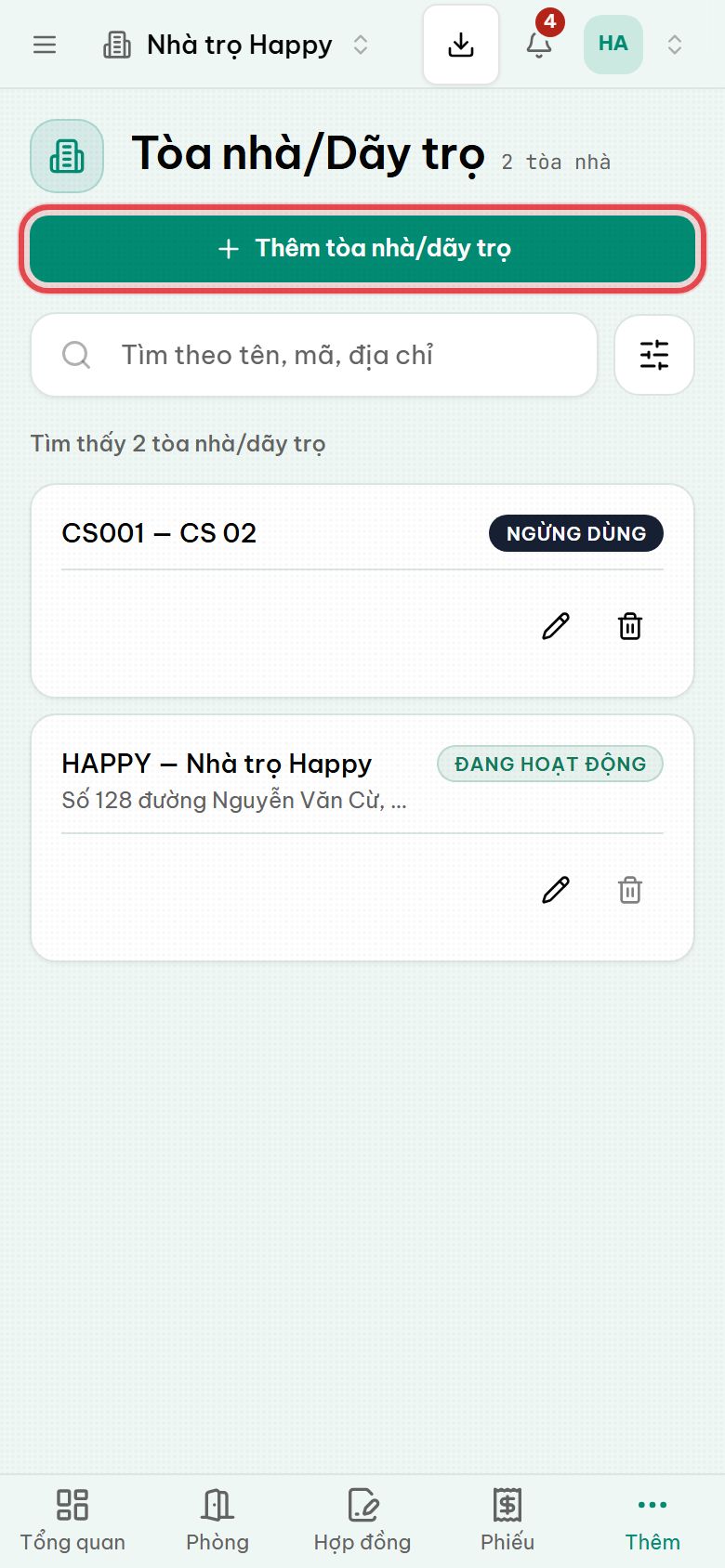 Mục Tòa nhà hoặc Dãy trọ liệt kê các cơ sở trong cùng một tài khoản, bản trên điện thoại
