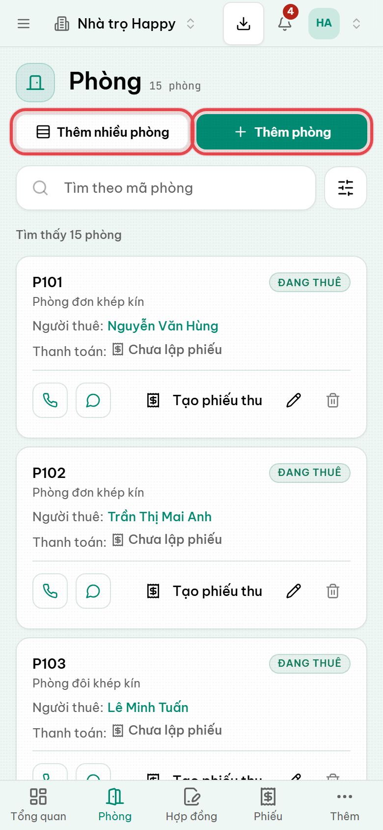 Danh sách phòng với trạng thái và số tiền còn nợ của từng phòng, bản trên điện thoại