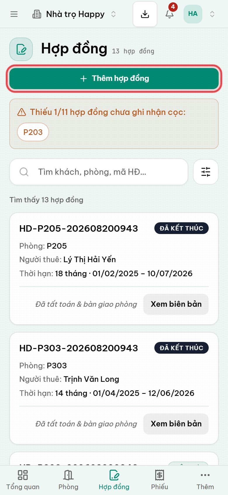 Danh sách hợp đồng theo thời hạn