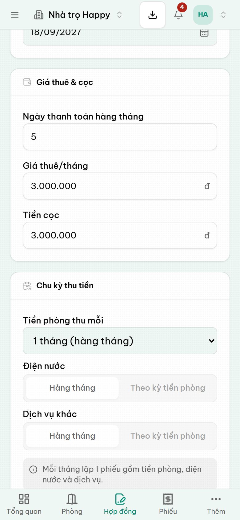Màn hình tạo hợp đồng thuê phòng