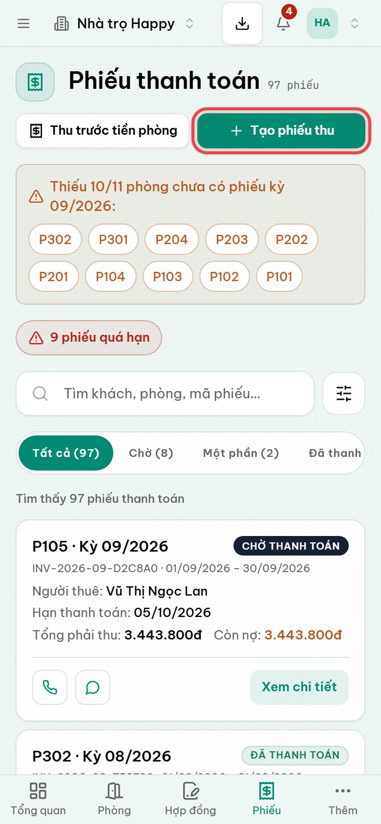 Danh sách phiếu thanh toán lọc theo tháng, năm và trạng thái thanh toán, bản trên điện thoại