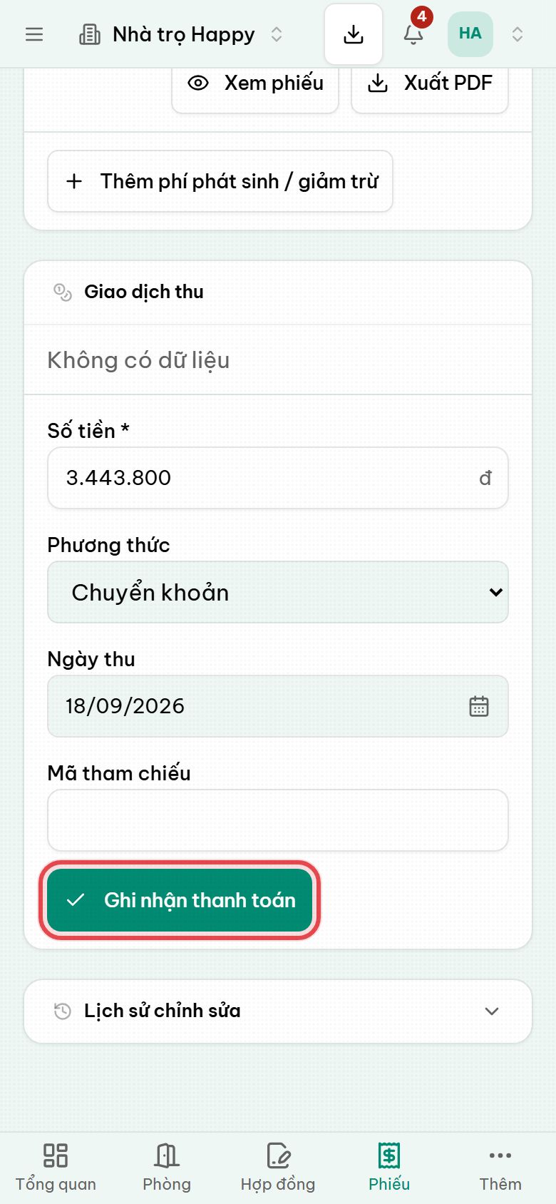 Màn hình ghi nhận thanh toán cho phiếu thu