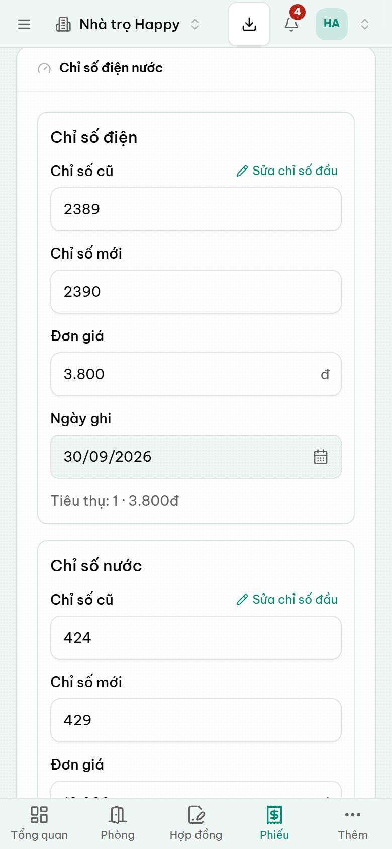 Màn hình nhập chỉ số điện nước theo phòng