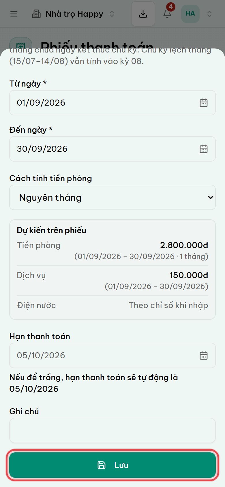 Màn hình tạo phiếu thu với các khoản mục