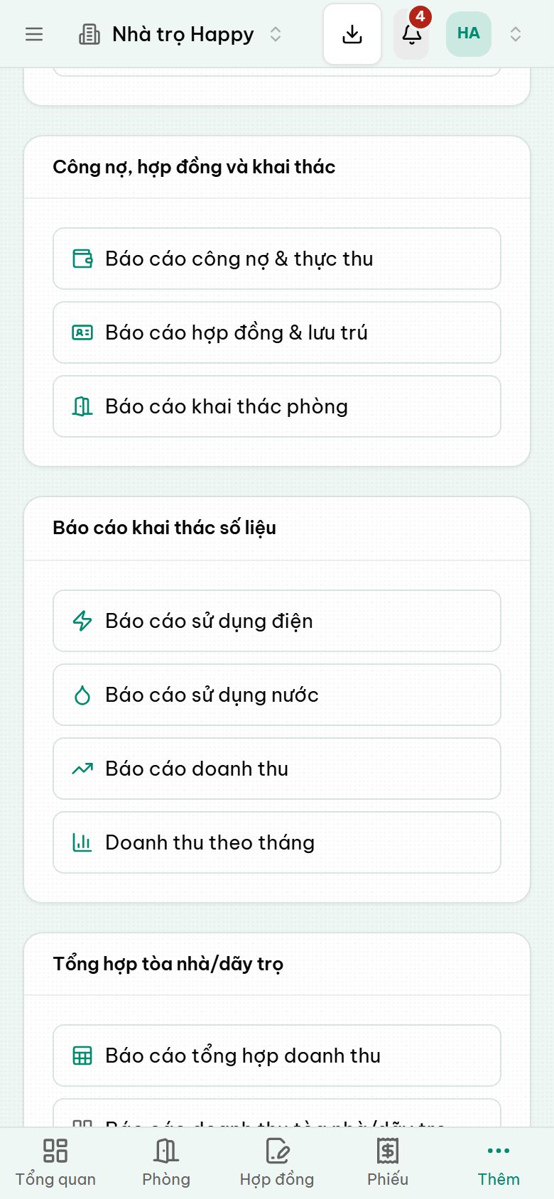 Danh mục các báo cáo trong phần mềm